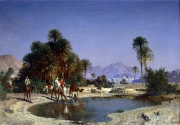 Leon-Adolphe Belly the caravan in the desert oasis