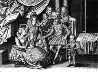 French King Henri IV with His Wife Marie de Medicis and Two of Their Children: The Future Louis XIII and Elizabeth (engraving by Leonard Gaultier and Le Clerc, c. 1605)