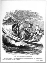Lloyd George, depicted as a lifeboat sailor, faces opposition to his National Insurance Act