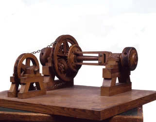 Wooden model of gears and wheels based on the design of Leonardo da Vinci (1452-1519). Museum of Science and Technology, Milan.
