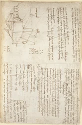 Notes and schematic sketch of a mechanical digger in perspective (side-on), from 