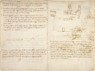 Five methods of preparing different kinds of glue, and the process of annealing iron, accompanied by crude sketches (not in Leonardo