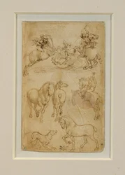 Two Horsemen Fighting a Dragon; One Horseman and Two Horses; A Dog and a Horse
