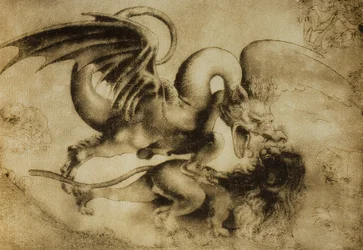 Dragon killing a lion, drawing by Leonardo da Vinci. Gabinetto dei Disegni e Stampe, Uffizi Gallery, Florence