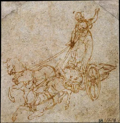 Goddess Standing in a Chariot Drawn by Two Horses, One Falling