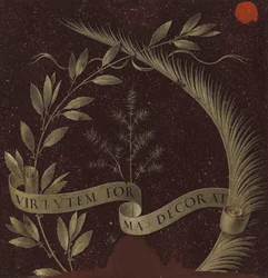 Wreath of Laurel, Palm, and Juniper with a Scroll Inscribed Virtutem Forma Decorat, c.1474-78