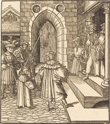 Three Men and a Boy in the Court of a Castle, to the Right Three Men on a Staircase