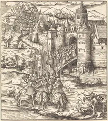 Various Men Kneeling on a Bridge in front of a Town