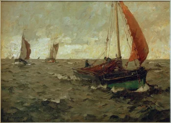Fishing Cutter at Sea with Approaching Clouds