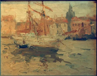 Italian Harbor with Square-Rigged Schooner