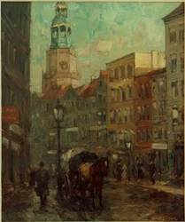 Street Scene with Horse Carriage, Church Tower in the Background