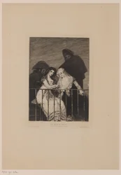 Two women with two men behind them in the shade; Les majas au balcon (title on object)