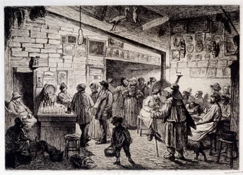 Interior View of the Cabaret du Rabbit Blanc Demolished in 1860. Engraving by Leopold Flameng, 1863