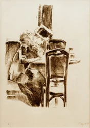Writing Lady with Hat and Boa in the Café