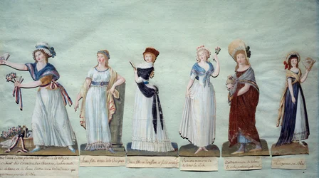 Different young women representing feminine fashion during the Revolution