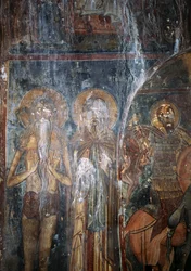 Christ and Saints, Fresco in Church of Agios Ioannis, Kantanos, Crete, Greece