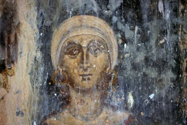 Female Figure, Fresco in Byzantine Church of Agios Athanasios, Kefali, Crete, Greece