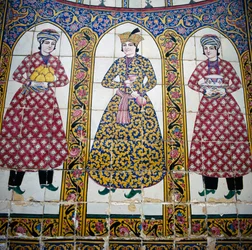 Female figures in traditional Persian dress, majolica tile decoration, Qavam house also known as Narenjestan e Ghavam