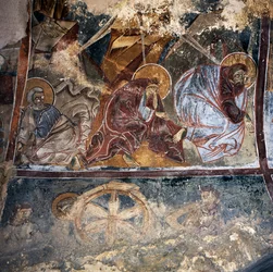 Fresco of Saints in Byzantine Church of Agios Georgios Xifoforos, Apodoulou, Crete, Greece