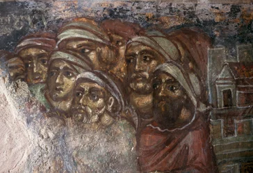 Fresco with Group of Men, Byzantine Church of Ayios Stephanos, Drakona, Crete, Greece