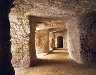Hallway carved into limestone in Euryalus Castle, 402-397 BC, built for defensive purposes by Dionysius Elder, Syracuse, Italy, Ancient Greek civilization, Magna Graecia, 5th-4th Century BC