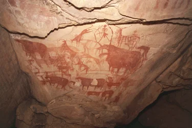 Painting Depicting Hunting Scenes, Saharan Rock Art, Enneri Tougwi, Tibesti, Chad