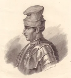Portrait of Italian Military Leader Niccolo Fortebraccio, Copper Engraving by Caterina Piotti-Pirola