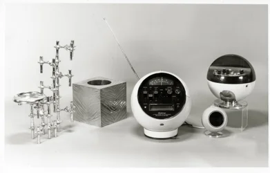 Retro table, waste paper bin and music players