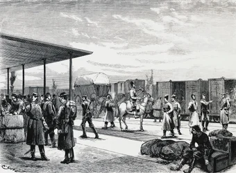 Russian Military Convoy in Bustiu Station, on Bucharest-Galati Railroad, Russian-Turkish War, Engraving, Romania