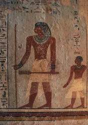 Sarenput, Holding the Reed and the Sekhem Sceptre, Followed by His Son Ankhu, Mural Painting, Tomb of Sarenput II, Qubbet el-Hawa Necropolis, Near Aswan, Egypt, Egyptian Civilization, Middle Kingdom