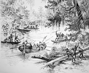 Spanish Conquistadors attacked by natives in South America