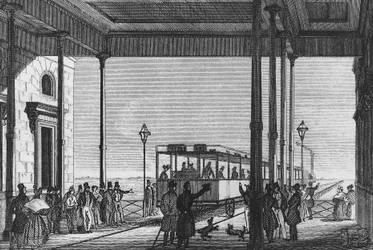 Train leaving Venezia Santa Lucia railway station, Venice, Italy, engraving