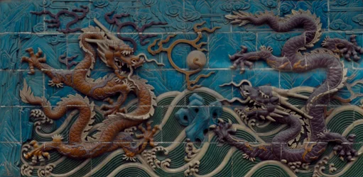 Two Dragons Playing with Flaming Pearls, Detail of the Nine-Dragon Wall, Beihai Park, Beijing, China