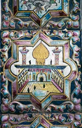 View of mosque, polychrome tile decorations in Tekyeh Mo