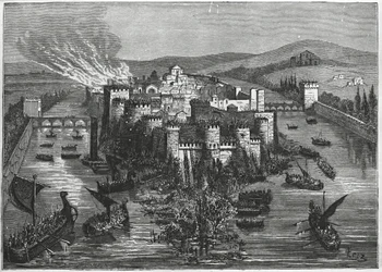 Vikings laying siege to Paris in 845 (engraving)
