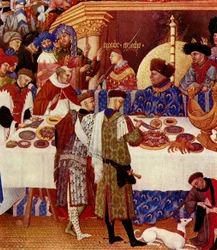 The Duke of Berry, Seated at the Bottom Right, Back to the Fire, Dressed in Blue and Wearing a Fur Cap