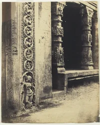 Madura: Pillars in the Recessed Portico in the Royal Gopurum with the Base of One of the Four Sculpted Monoliths