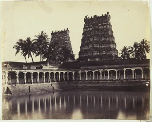 Madura. The Great Pagoda, Mootoo Alaghur and East Gopurum from Tank, 1858