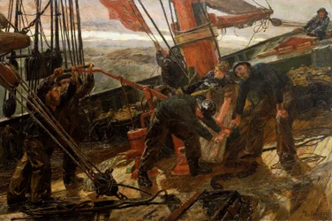 Scene on the deck of a schooner caught in a storm, a sea drama, all the sailors and the captain
