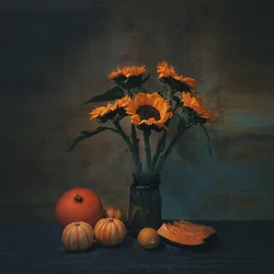 Autumn Sunflowers and Pumpkins
