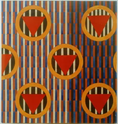 Red Triangles in Circles. Design for Upholstery Fabric