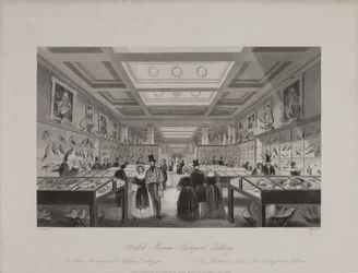 View of the Zoological Gallery, British Museum showing visitors looking at displays, c.1850