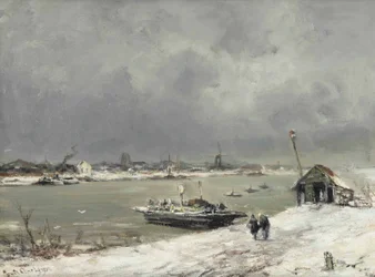 A Ferry Crossing Near Wijk bij Duurstede in Winter