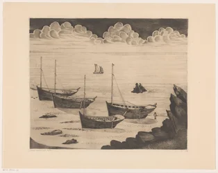 Four moored ships on a Breton beach