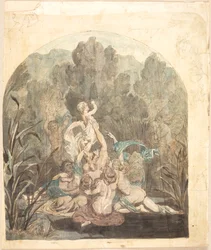 Mythological motif. Sketches of landscape, horse figures, and profile face in the margin