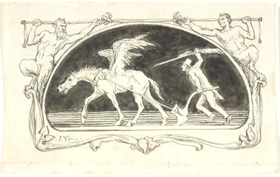 Vignette with a Worn-Out Pegasus in Front of a Plow, Driven by a Man with a High Hat, Armed with a Large Pen