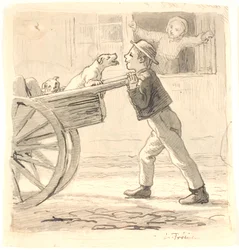 A Boy Pushing a Cart with Dogs