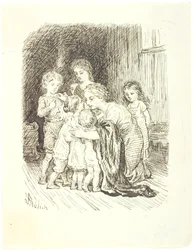 A Mother Kneeling and Gathering a Flock of Children Around Her