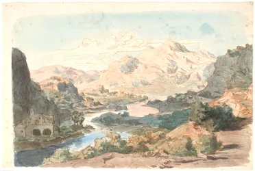 Italian Mountain Scene with River and a Building to the Left