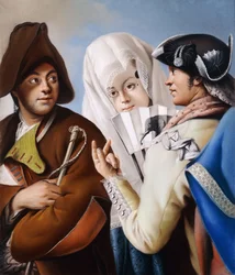 A Gentleman in a Phrygian Bonnet being addressed by a Gentleman in a yellow coat and black tricorn hat, with a Lady in a blue brocade dress and white mantilla